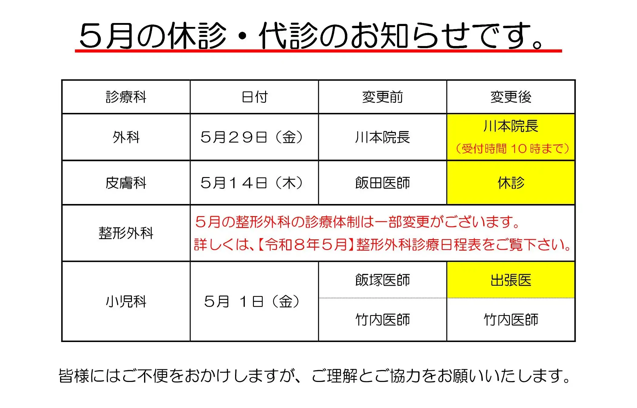 休診・代診のお知らせ