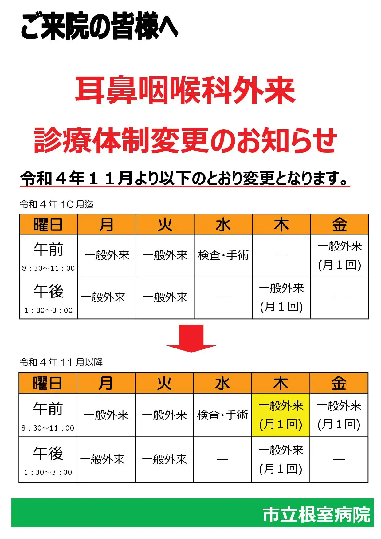 外来診療体制変更について