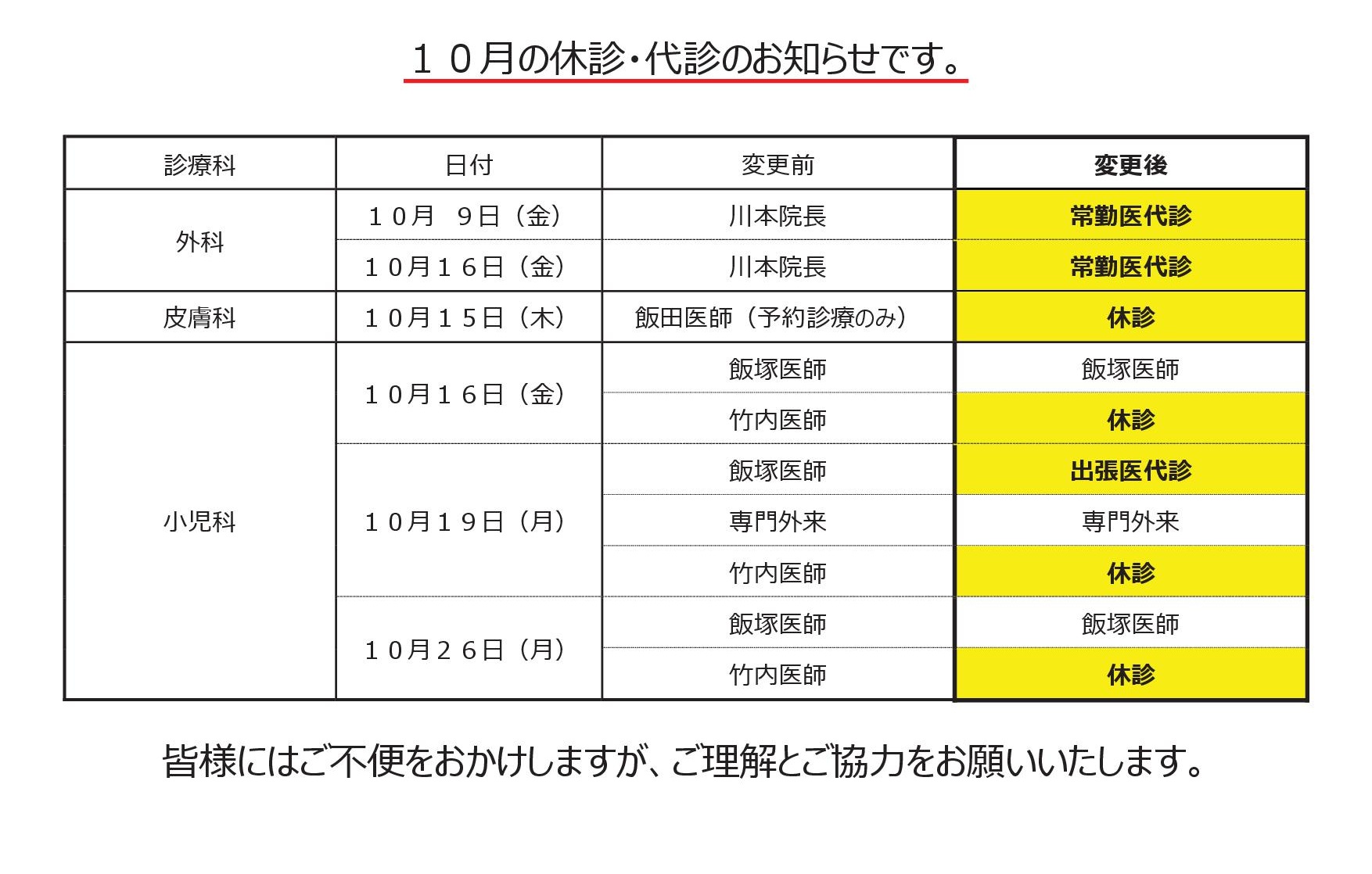 休診・代診のお知らせ