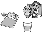 体温計を咥えて布団に寝ている少年、医師に診断を受けている老人、コップ一杯の水が描かれたイラスト