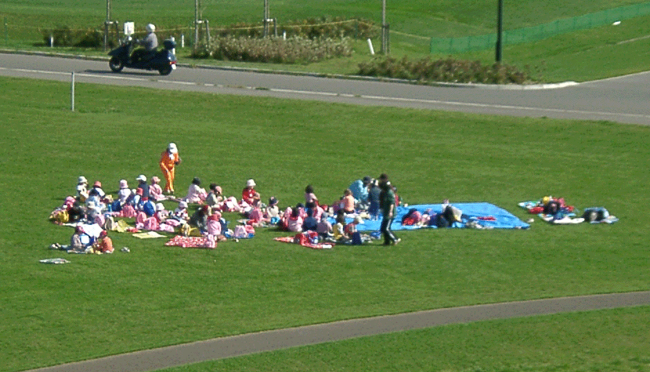 芝生広場で遊ぶ子供たちの写真